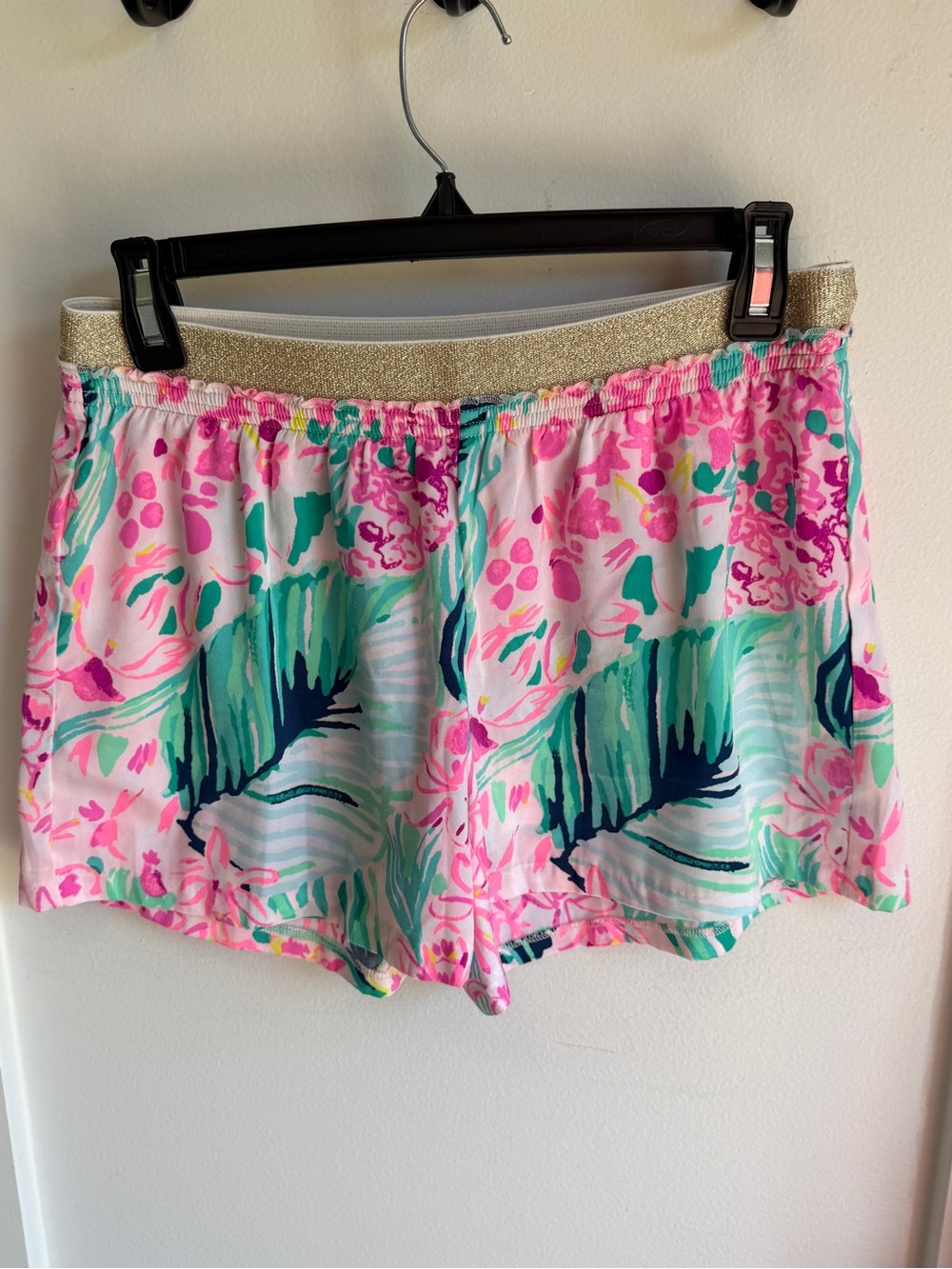 Lilly Pulitzer Pink Teal Floral Lounge Shorts with Gold Waistband
